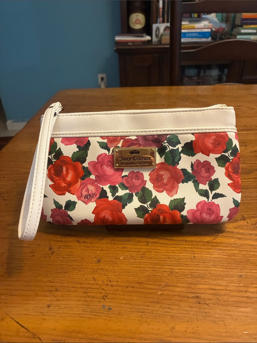 Juicy Couture White Floral Wristlet with Red & Pink Roses and Gold Plaque